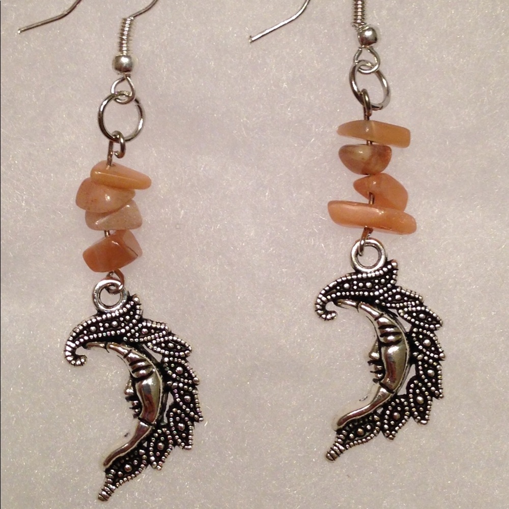 SOLD Sunstone Silver Crescent Moon Earrings - Picture 2 of 4